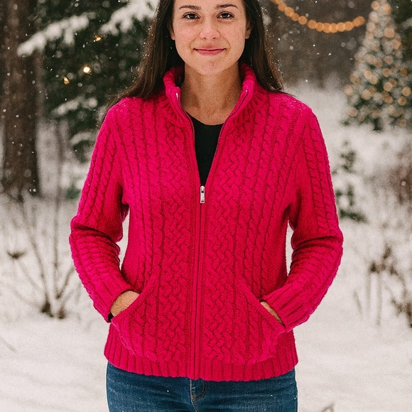 Aran Crafts Merino Wool Made in Ireland Cable Knit Zip-Front Cardigan Red M - Picture 1 of 6